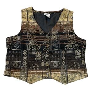 Vintage BonWorth Tapestry Vest Black Tan Brown Patterned Boho Size Large Petite